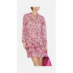 Michael Kors 2 piece Pink Floral Long Sleeve top & smocked/tiered skirt M